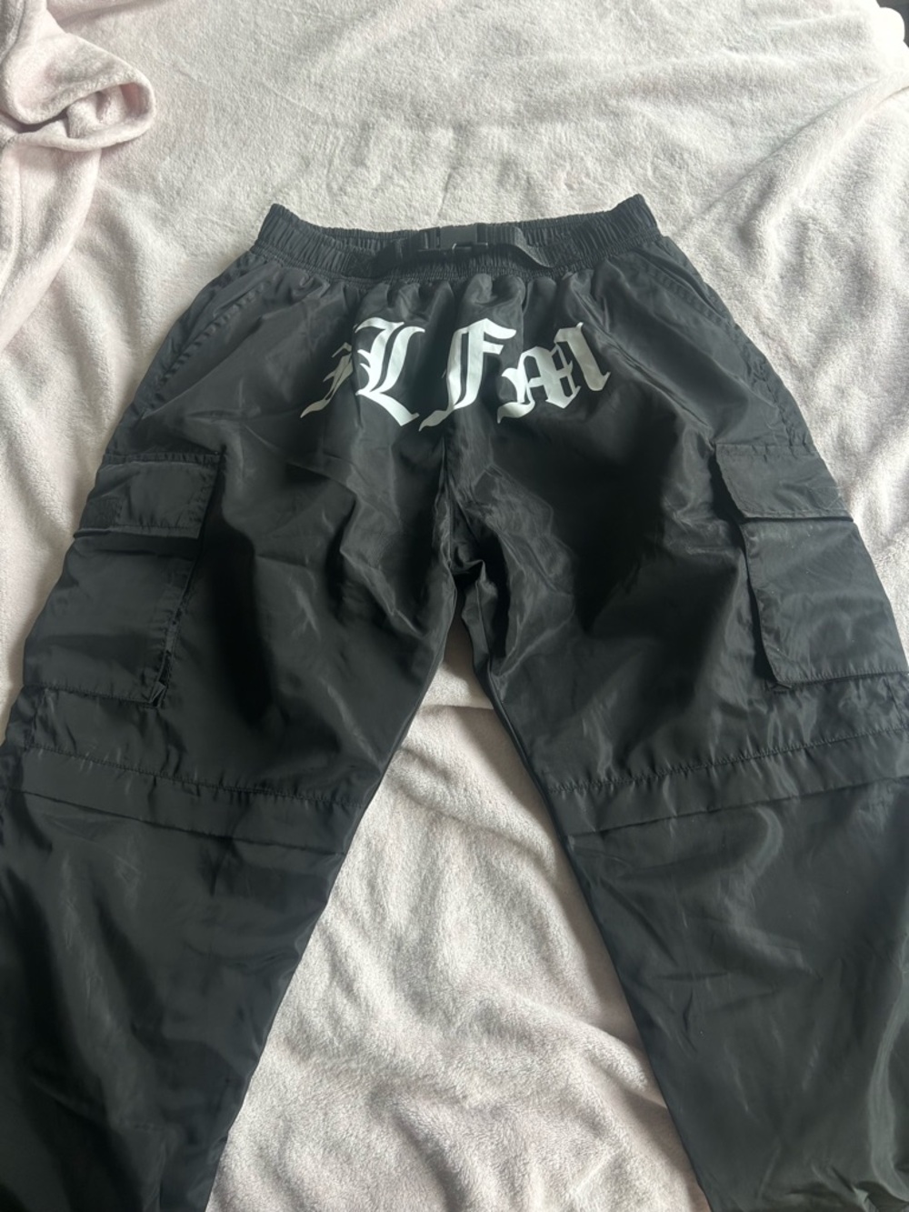 Black Cargo Jogger Pants with White Gothic Back Print